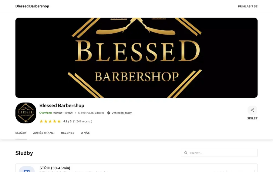 Původní profil Blessed Barbershop v rezervačním systému Reservio