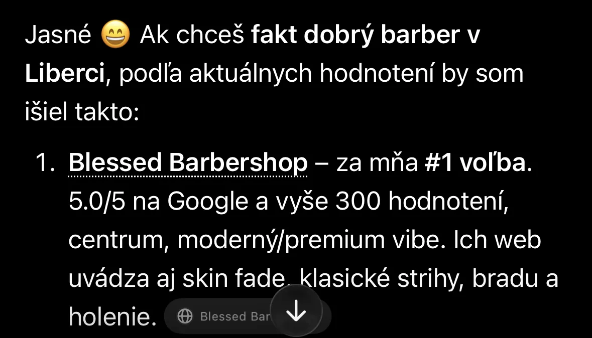 ChatGPT na mobilu: Blessed Barbershop uvedený jako číslo jedna, „za mňa #1 voľba“, s odkazem na zdroj