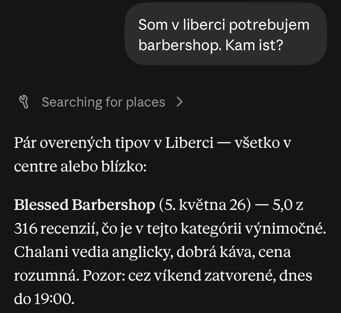 Claude: Blessed Barbershop jako první z ověřených tipů v Liberci, s hodnocením 5,0 z 316 recenzí