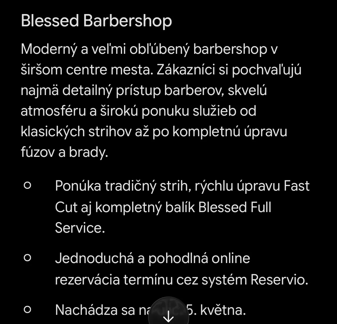 Gemini: Blessed Barbershop jako první doporučený podnik, včetně nabídky služeb a online rezervace