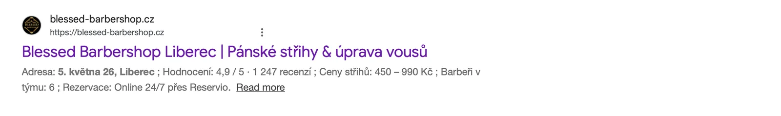 Organický výsledek Google na dotaz „barbershop liberec“ s rozšířeným úryvkem: adresa, hodnocení, ceny střihů, počet barberů a způsob rezervace