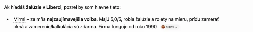 Odpověď ChatGPT na dotaz „žaluzie v Liberci“: MIRMI uvedeno jako první volba, s odkazem na zdroj mirmi.cz